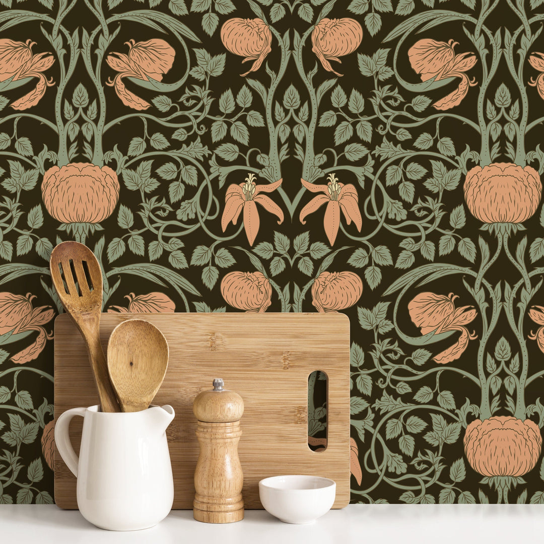 Art Nouveau Wallpaper with Stylized Floral Vines in Brown, Green, and Peach - D477