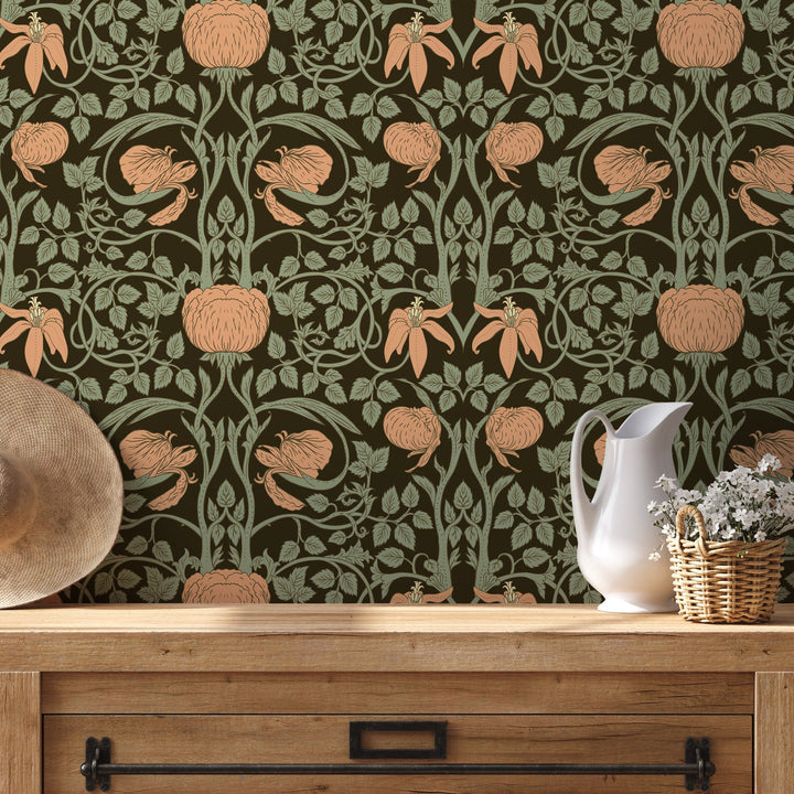 Art Nouveau Wallpaper with Stylized Floral Vines in Brown, Green, and Peach - D477