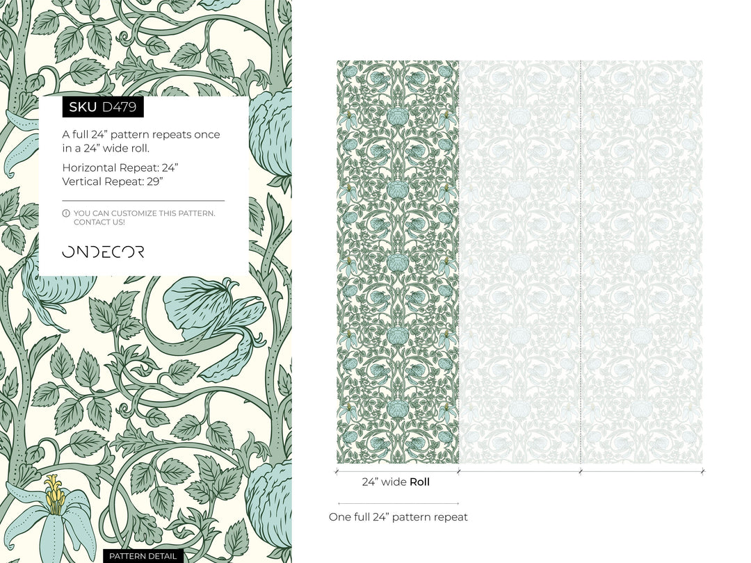 Art Nouveau Wallpaper with Elegant Floral Vines in Green and Blue - D479