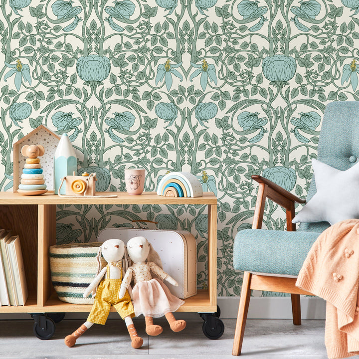 Art Nouveau Wallpaper with Elegant Floral Vines in Green and Blue - D479