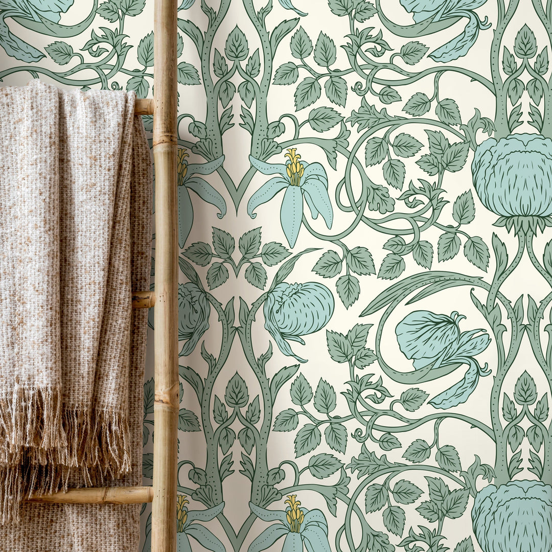 Art Nouveau Wallpaper with Elegant Floral Vines in Green and Blue - D479