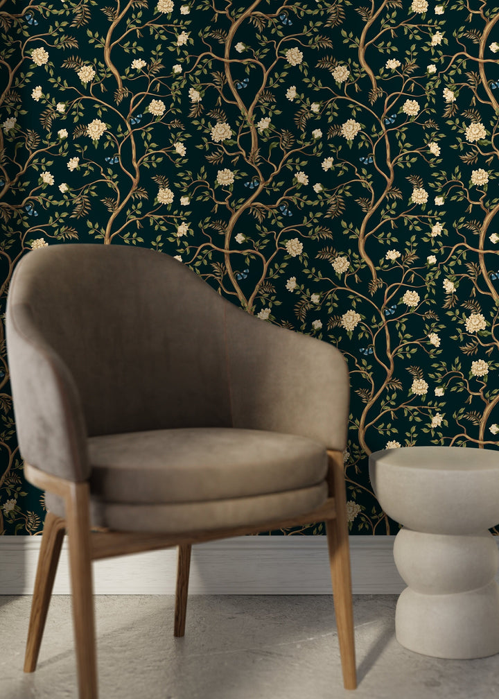 Chinoiserie Wallpaper with a Floral Garden Motif in Dark Teal and Cream - D501