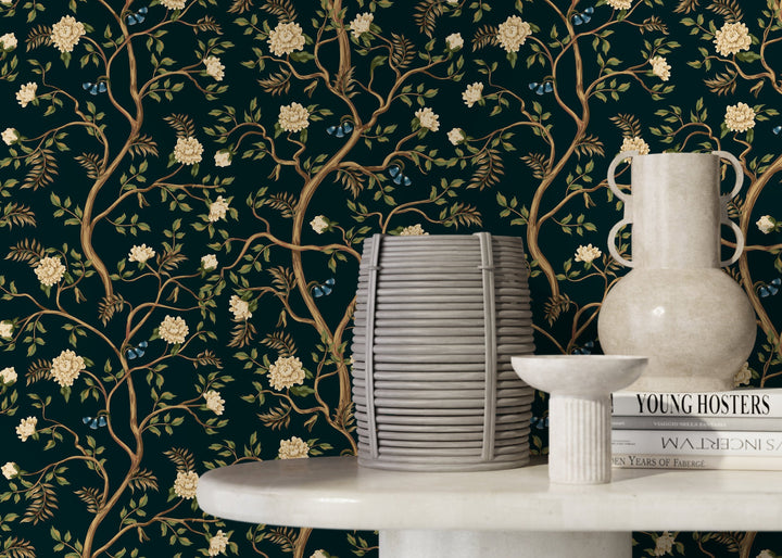 Chinoiserie Wallpaper with a Floral Garden Motif in Dark Teal and Cream - D501