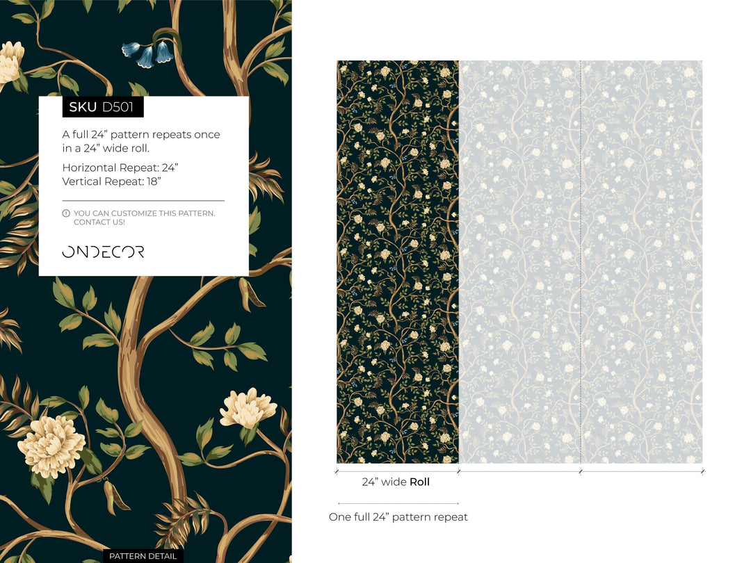 Chinoiserie Wallpaper with a Floral Garden Motif in Dark Teal and Cream - D501