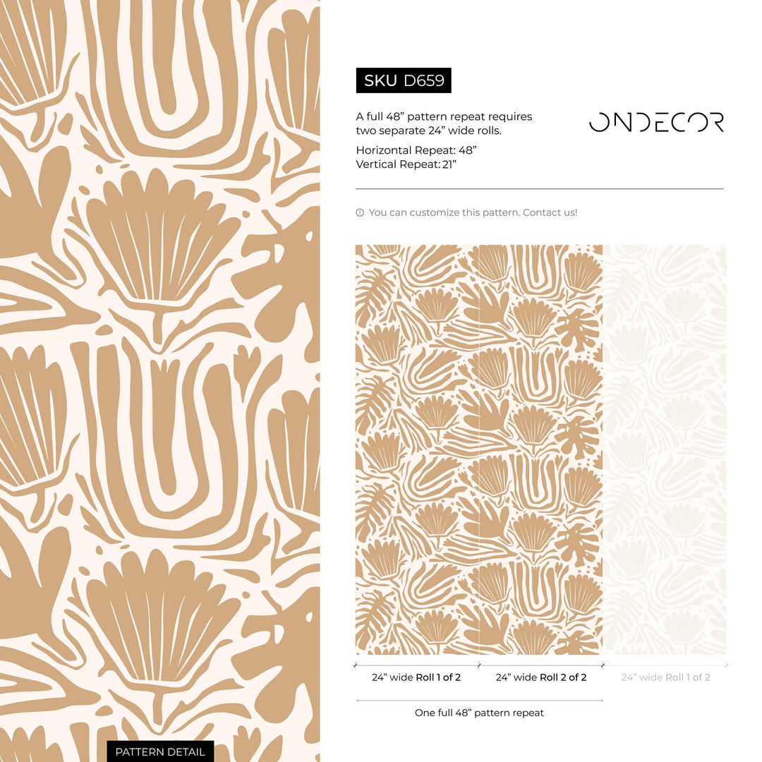 Abstract Wallpaper with Stylized Botanical Motifs in Tan - D659
