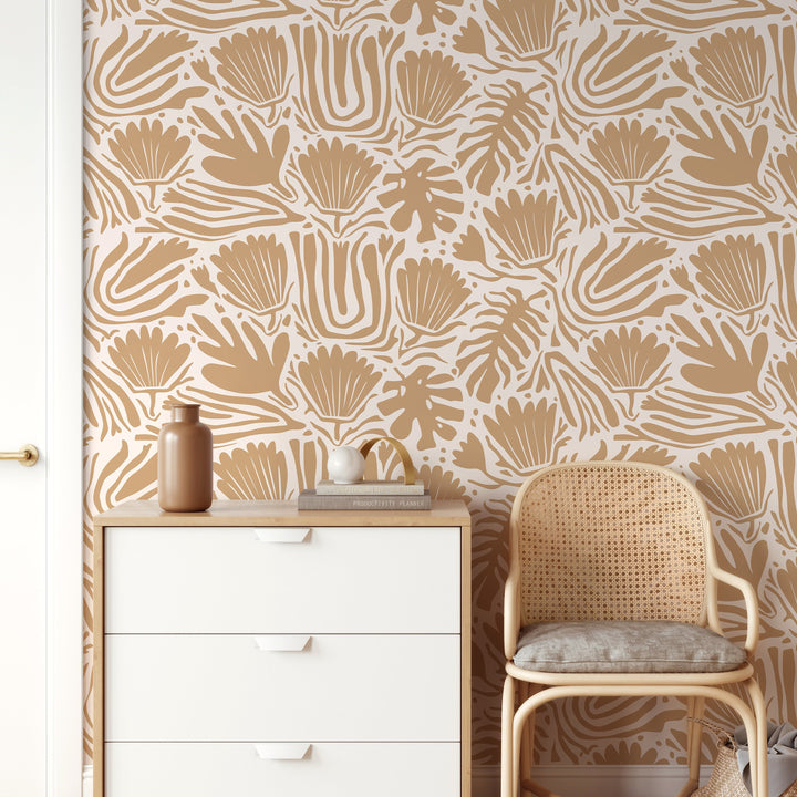 Abstract Wallpaper with Stylized Botanical Motifs in Tan - D659
