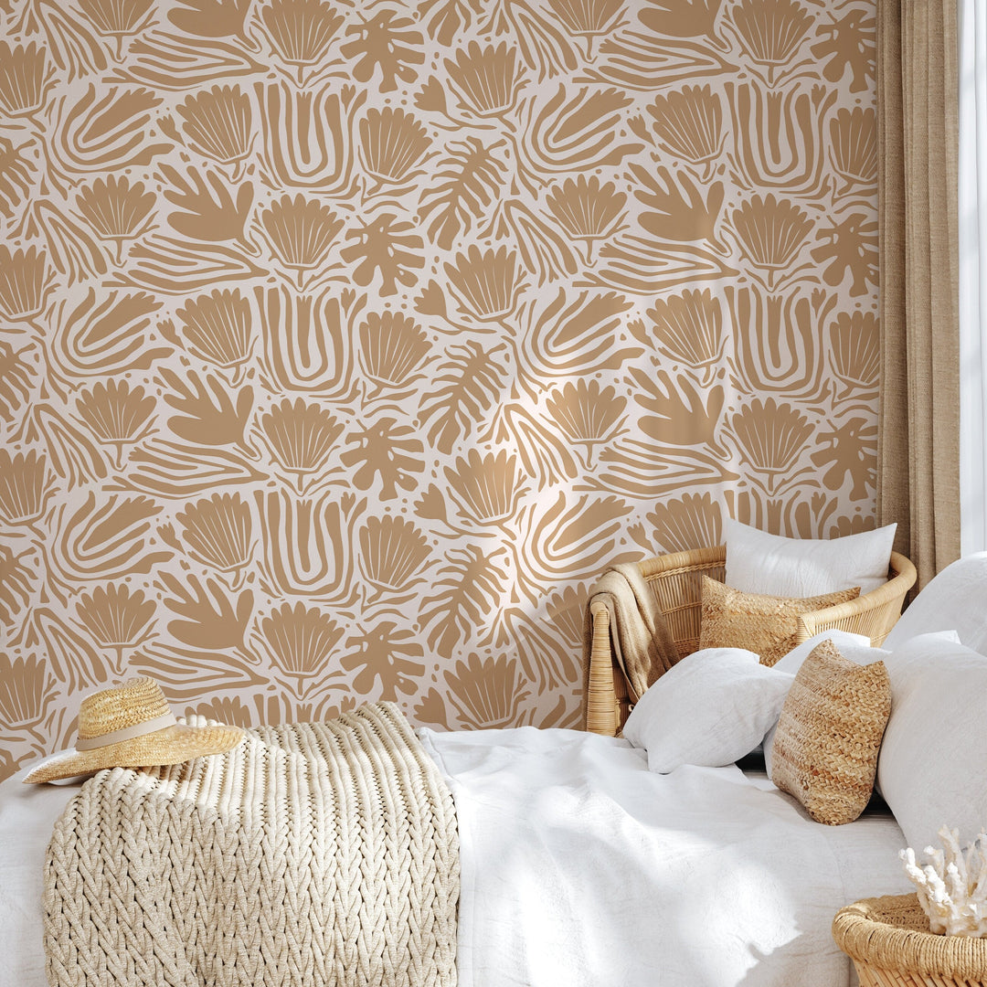 Abstract Wallpaper with Stylized Botanical Motifs in Tan - D659