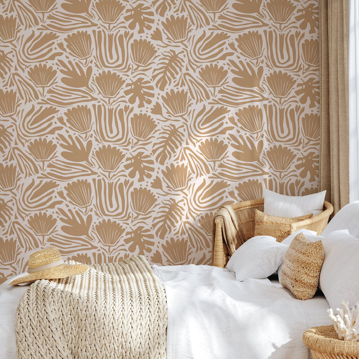 Abstract Wallpaper with Stylized Botanical Motifs in Tan - D659