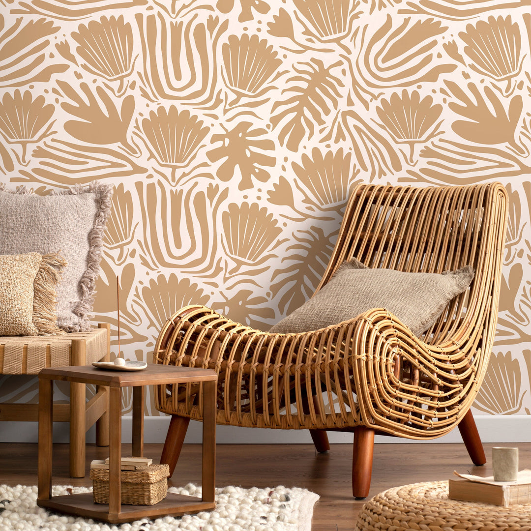 Abstract Wallpaper with Stylized Botanical Motifs in Tan - D659