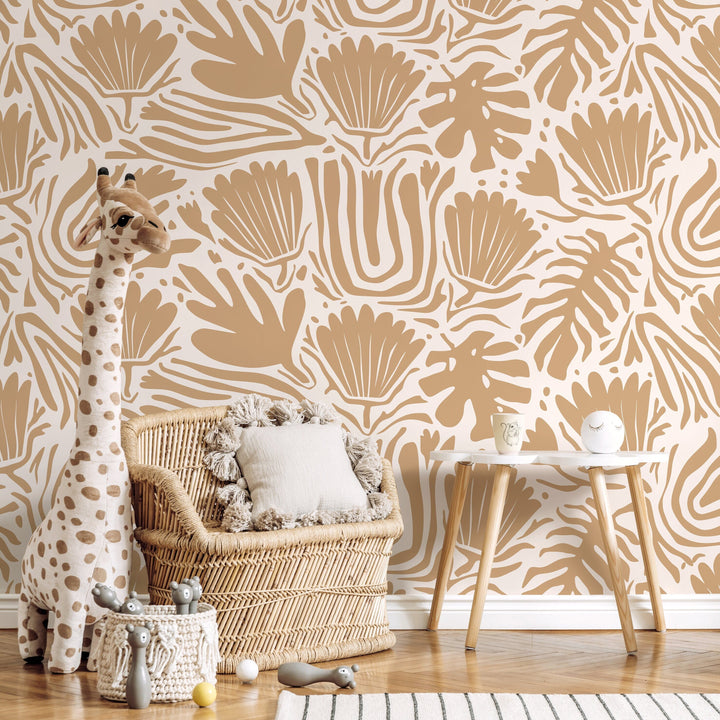 Abstract Wallpaper with Stylized Botanical Motifs in Tan - D659