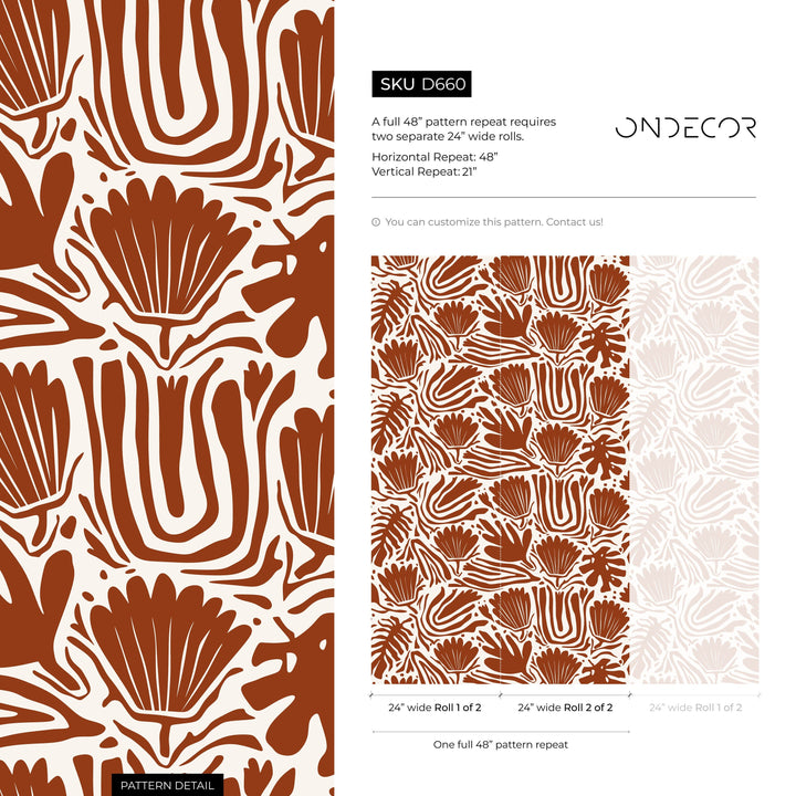 Abstract Floral Wallpaper with a Bold Botanical Motif in Copper - D660