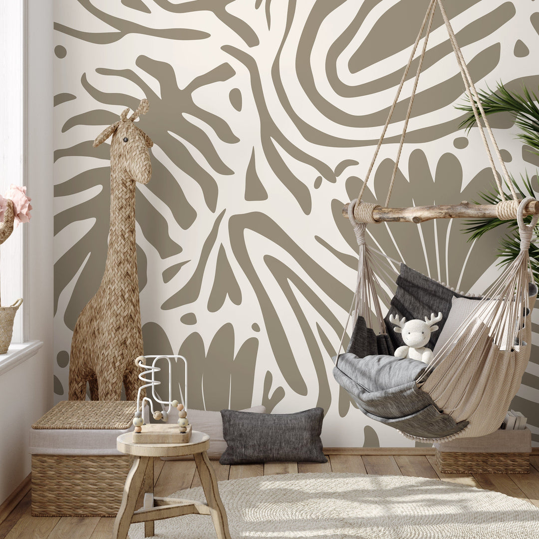 Abstract Wallpaper with Bold Botanical Cut-Outs in Beige and Taupe - D663