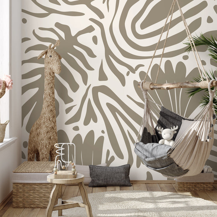 Abstract Wallpaper with Bold Botanical Cut-Outs in Beige and Taupe - D663