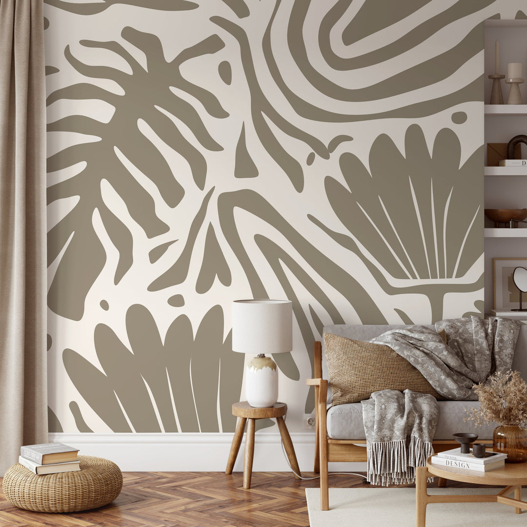 Abstract Wallpaper with Bold Botanical Cut-Outs in Beige and Taupe - D663