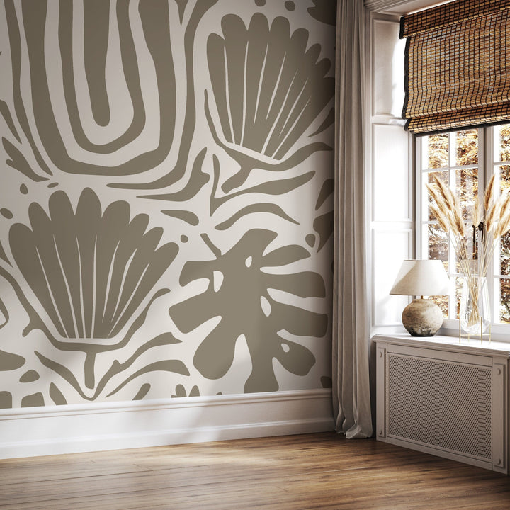 Abstract Wallpaper with Bold Botanical Cut-Outs in Beige and Taupe - D663