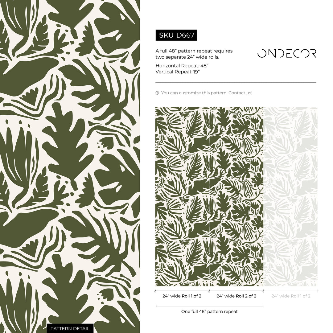 Botanical Wallpaper with Abstract Leaf Cut-Outs in Dark Green - D667