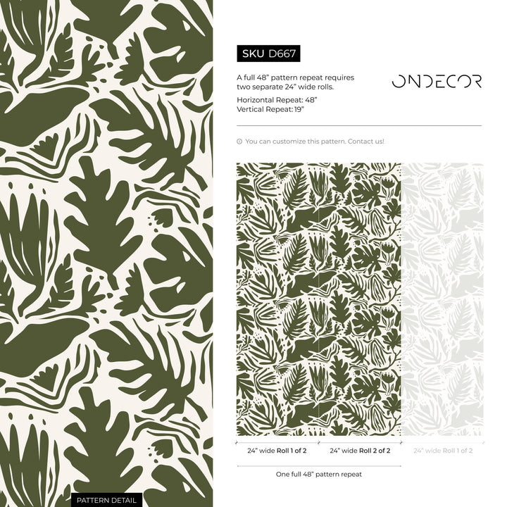 Botanical Wallpaper with Abstract Leaf Cut-Outs in Dark Green - D667