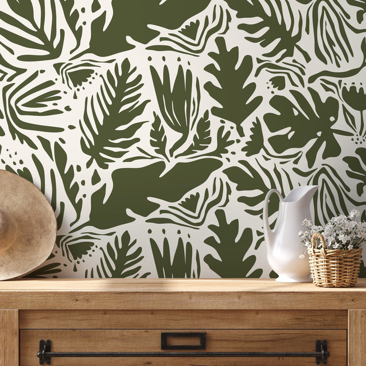 Botanical Wallpaper with Abstract Leaf Cut-Outs in Dark Green - D667
