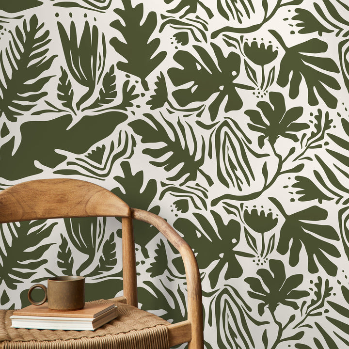 Botanical Wallpaper with Abstract Leaf Cut-Outs in Dark Green - D667
