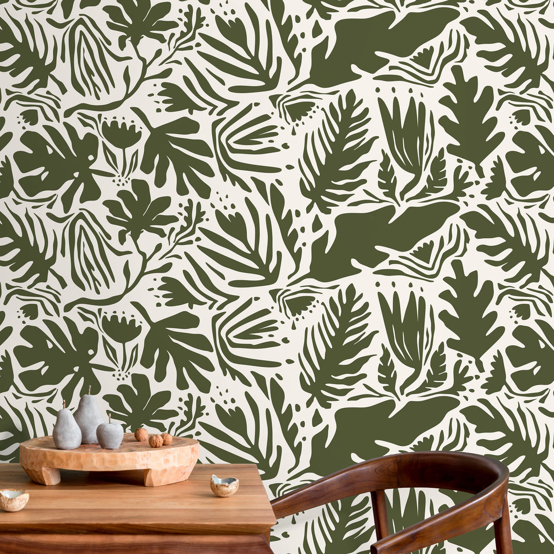 Botanical Wallpaper with Abstract Leaf Cut-Outs in Dark Green - D667