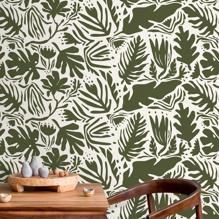 Botanical Wallpaper with Abstract Leaf Cut-Outs in Dark Green - D667