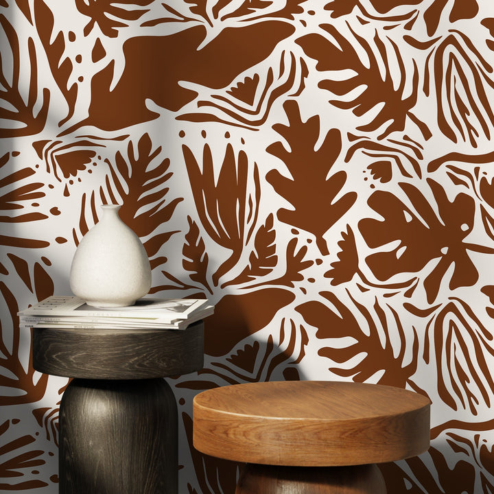 Abstract Wallpaper with Botanical Cutouts in Brown - D669