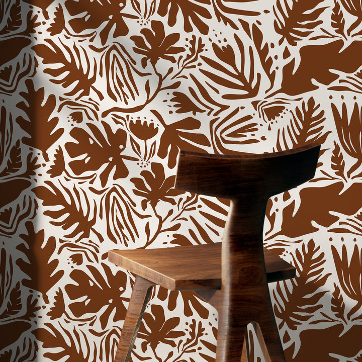 Abstract Wallpaper with Botanical Cutouts in Brown - D669