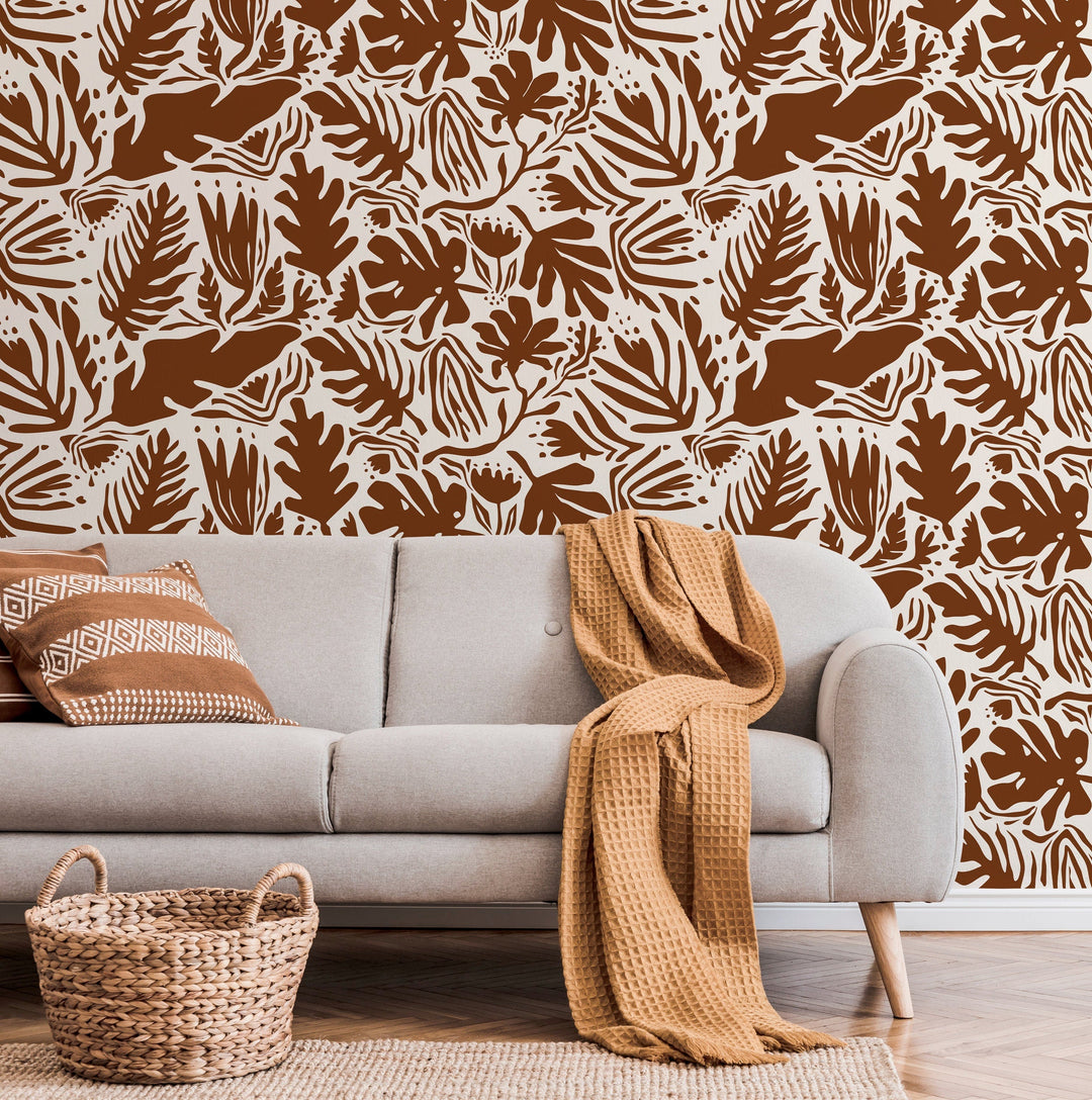 Abstract Wallpaper with Botanical Cutouts in Brown - D669