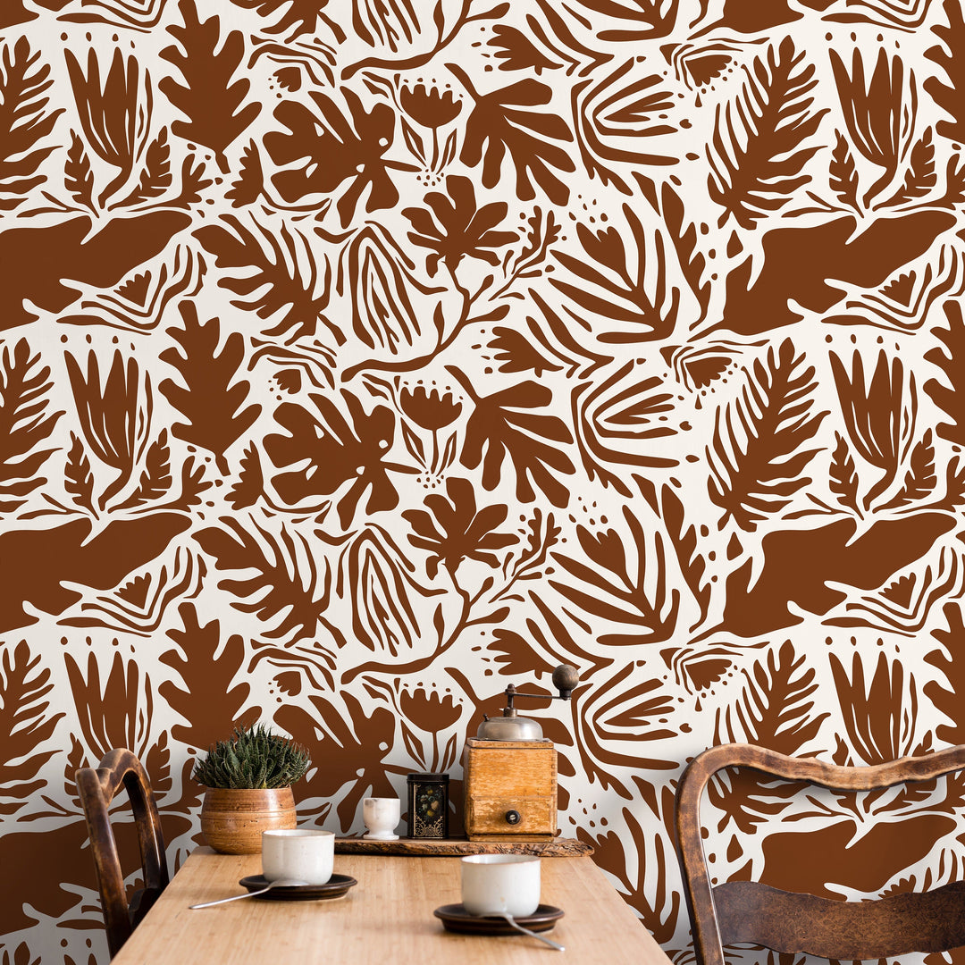 Abstract Wallpaper with Botanical Cutouts in Brown - D669