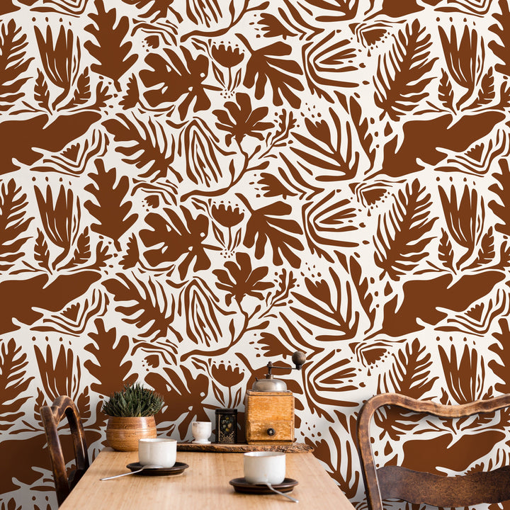 Abstract Wallpaper with Botanical Cutouts in Brown - D669