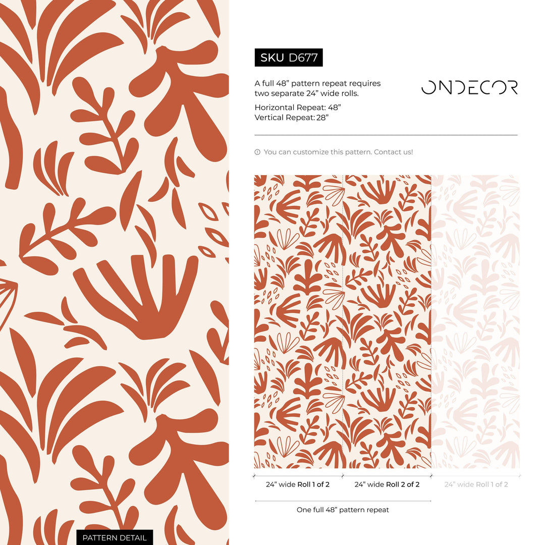 Abstract Wallpaper with Matisse-Inspired Botanicals in Burnt Orange and Beige - D677