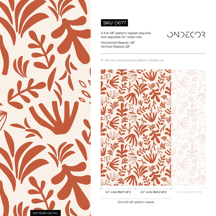Abstract Wallpaper with Matisse-Inspired Botanicals in Burnt Orange and Beige - D677