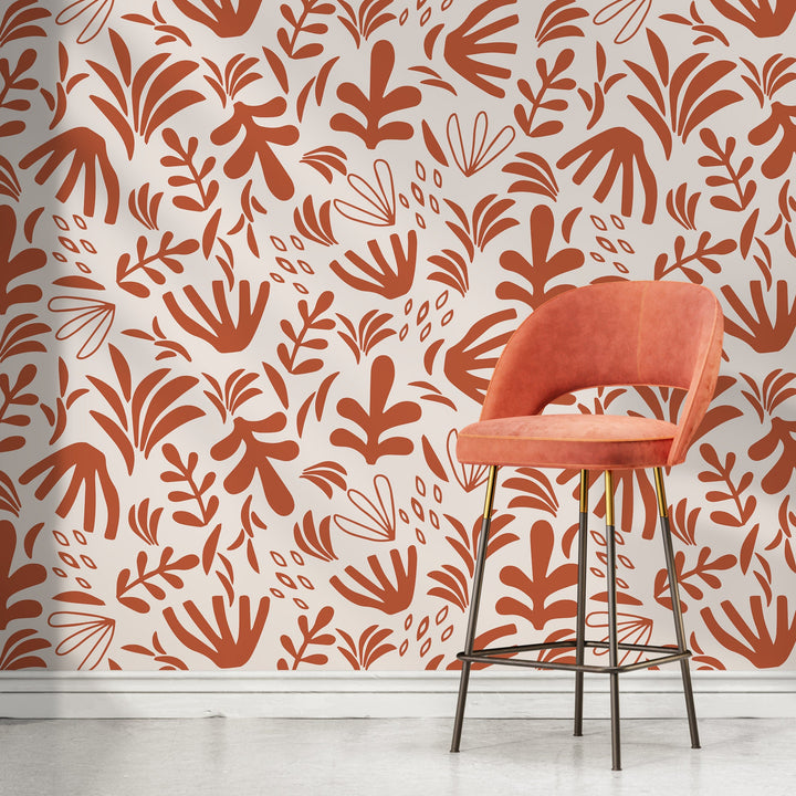 Abstract Wallpaper with Matisse-Inspired Botanicals in Burnt Orange and Beige - D677