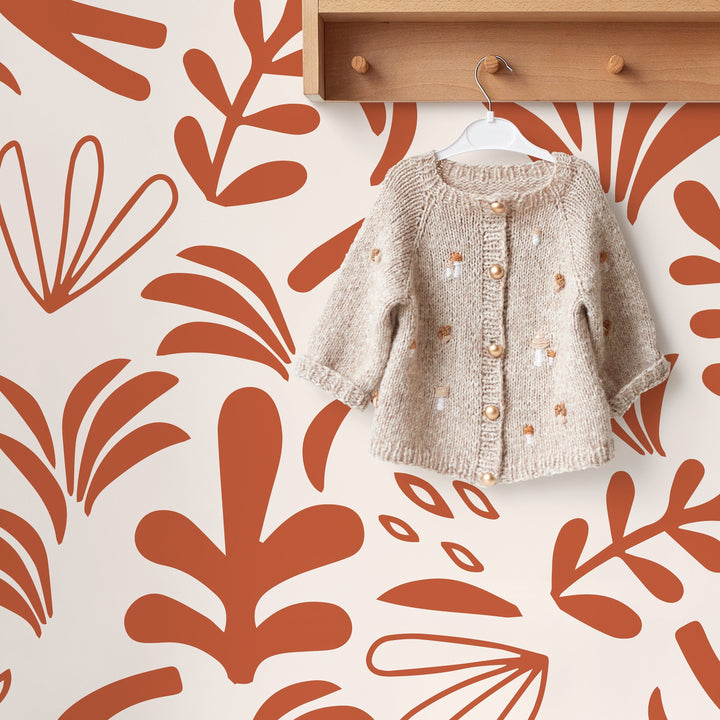 Abstract Wallpaper with Matisse-Inspired Botanicals in Burnt Orange and Beige - D677