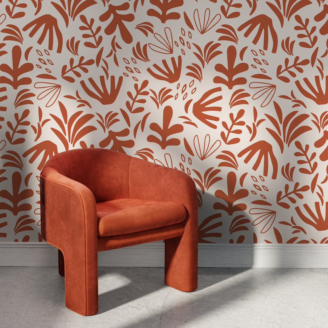 Abstract Wallpaper with Matisse-Inspired Botanicals in Burnt Orange and Beige - D677