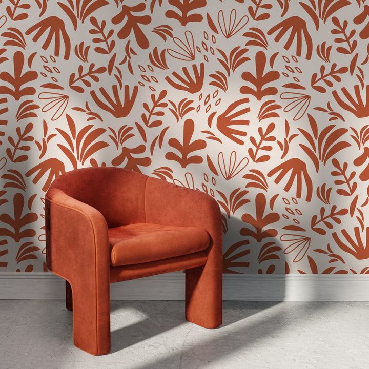 Abstract Wallpaper with Matisse-Inspired Botanicals in Burnt Orange and Beige - D677