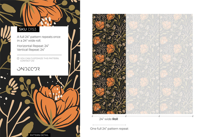 Boho Floral Wallpaper with Stylized Blooms in Orange, Green, and Black - D153