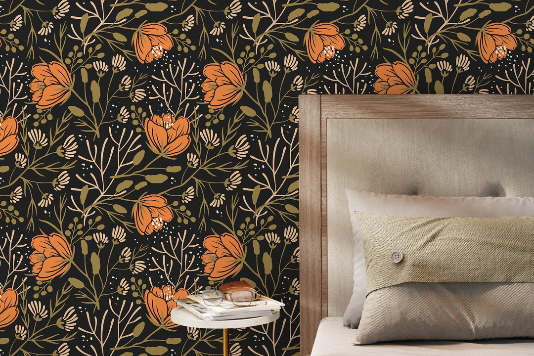 Boho Floral Wallpaper with Stylized Blooms in Orange, Green, and Black - D153