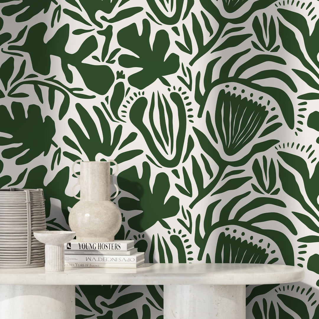 Botanical Wallpaper Featuring Abstract Cutout Leaves in Olive Green and White - D706