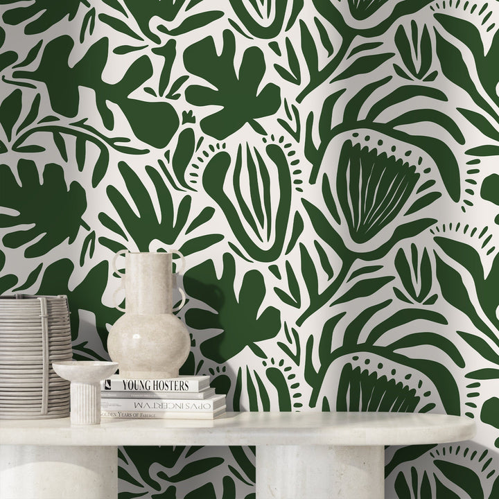 Botanical Wallpaper Featuring Abstract Cutout Leaves in Olive Green and White - D706