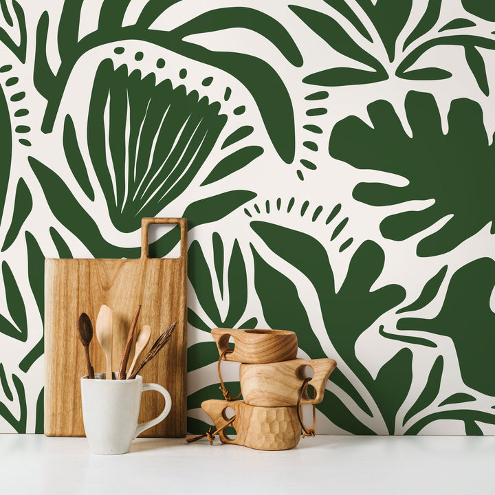 Botanical Wallpaper Featuring Abstract Cutout Leaves in Olive Green and White - D706