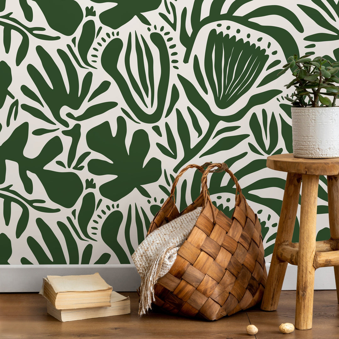 Botanical Wallpaper Featuring Abstract Cutout Leaves in Olive Green and White - D706