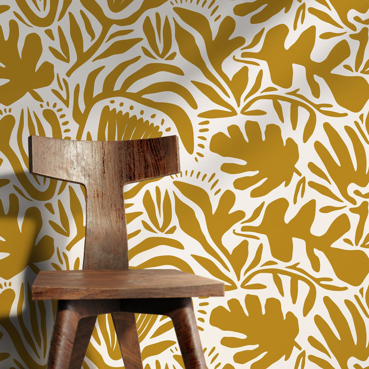 Abstract Wallpaper with a Folk Art Botanical Motif in Mustard Yellow - D708
