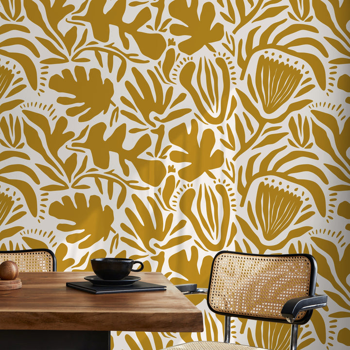 Abstract Wallpaper with a Folk Art Botanical Motif in Mustard Yellow - D708