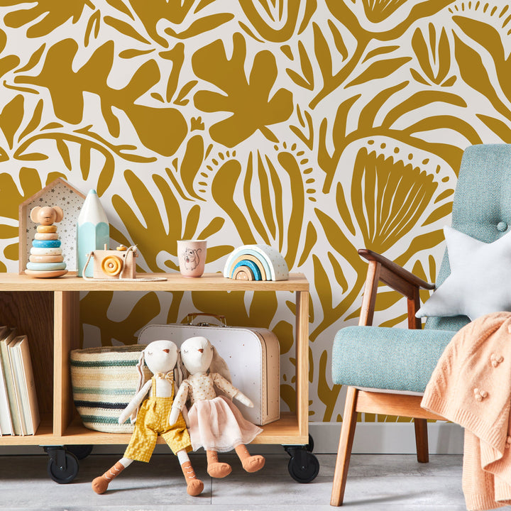 Abstract Wallpaper with a Folk Art Botanical Motif in Mustard Yellow - D708