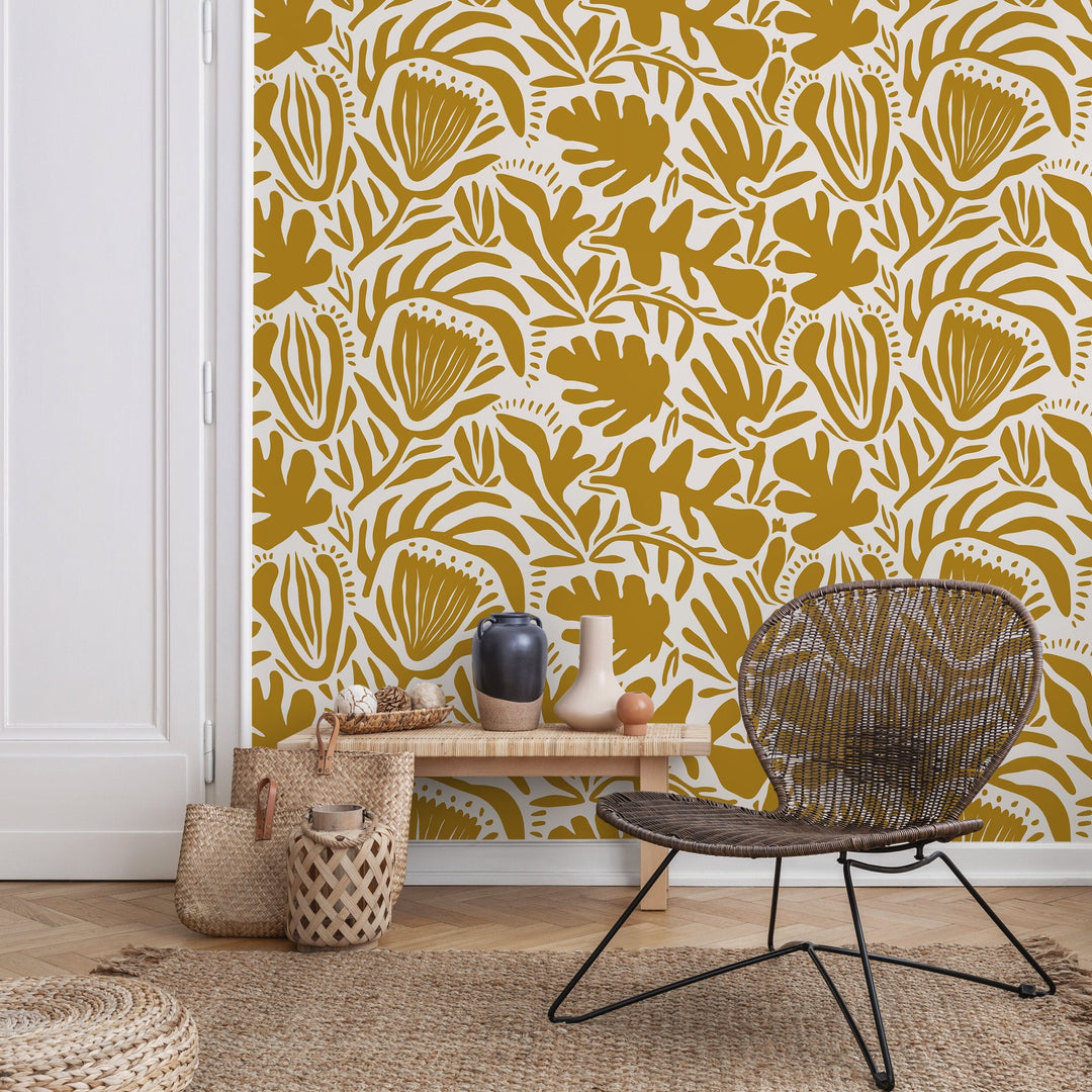 Abstract Wallpaper with a Folk Art Botanical Motif in Mustard Yellow - D708