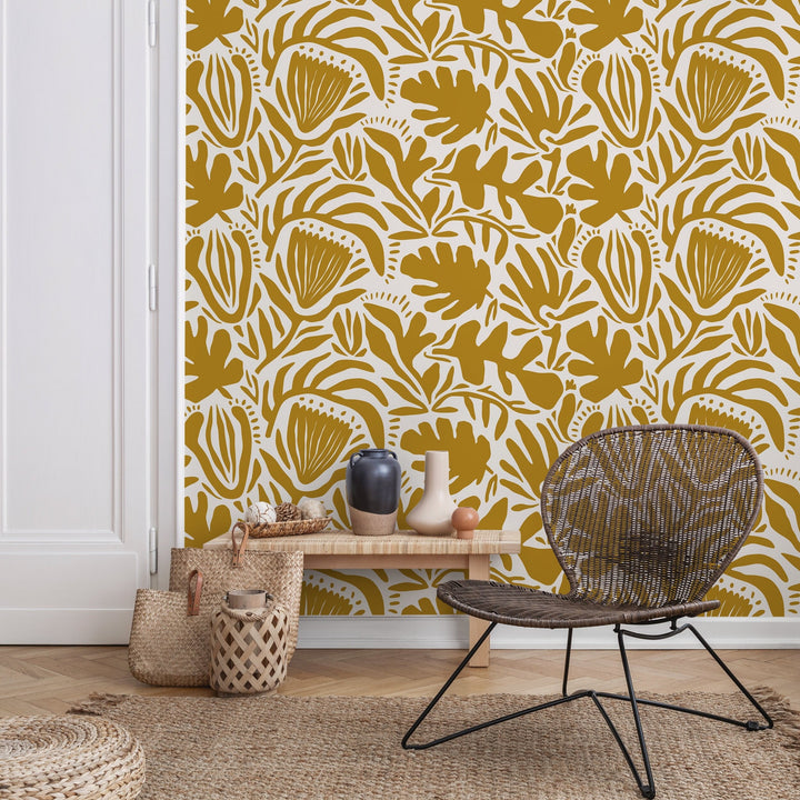 Abstract Wallpaper with a Folk Art Botanical Motif in Mustard Yellow - D708