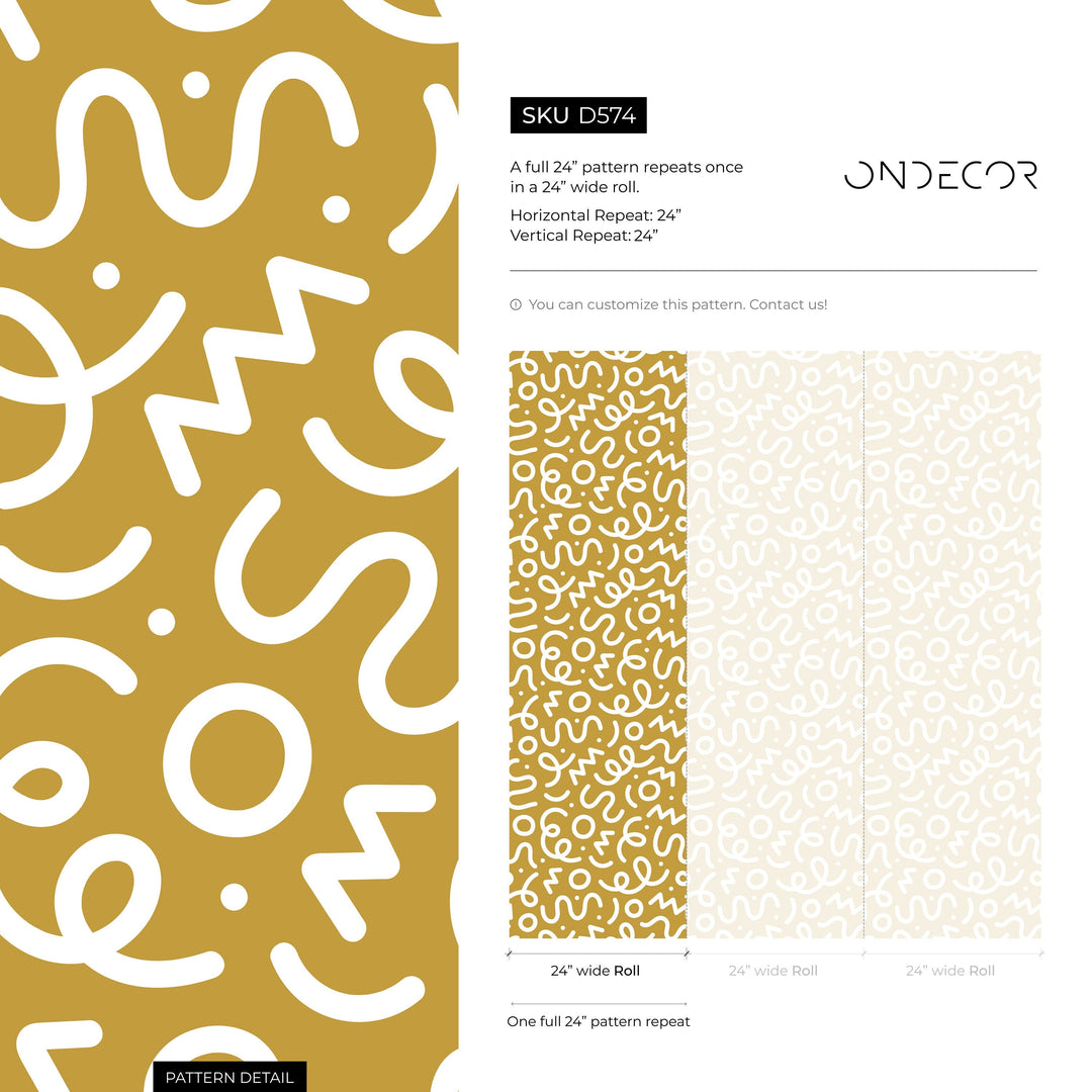 Abstract Wallpaper with Playful Squiggles and Shapes in Yellow and White - D574