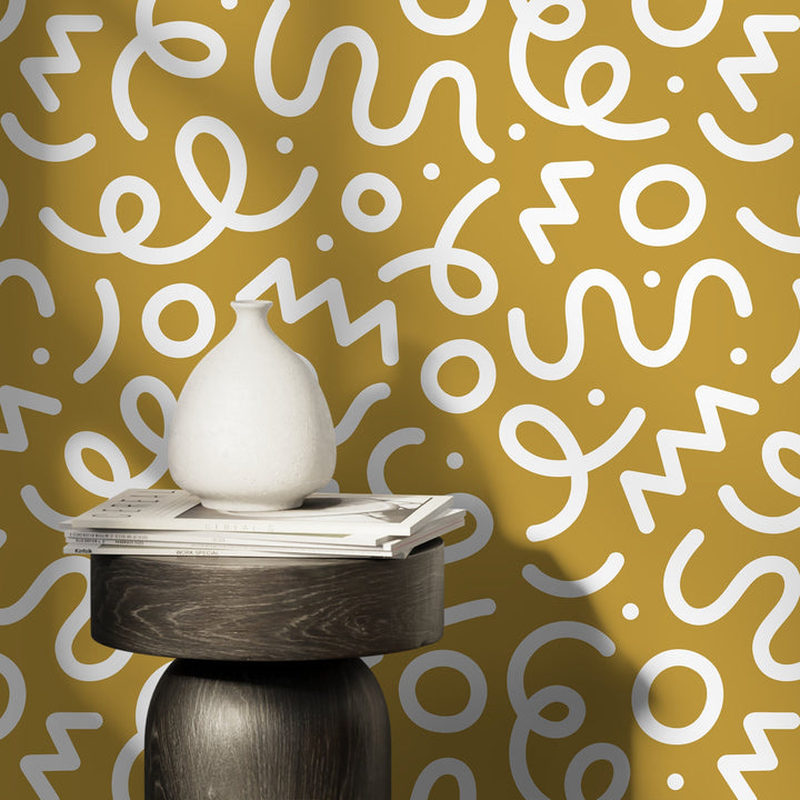Abstract Wallpaper with Playful Squiggles and Shapes in Yellow and White - D574