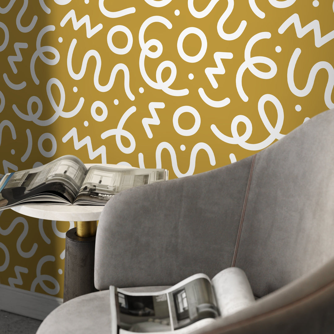 Abstract Wallpaper with Playful Squiggles and Shapes in Yellow and White - D574